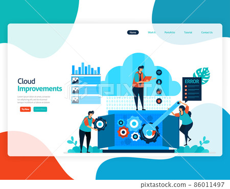 homepage landing page vector flat illustration of improvements cloud . repair and maintenance of cloud storage technology. security system in digital backup database. web, flyer, website, mobile apps homepage landing page vector flat illustration of improvements cloud . repair and maintenance of cloud storage technology. security system in digital backup database. web, flyer, website, mobile apps 86011497