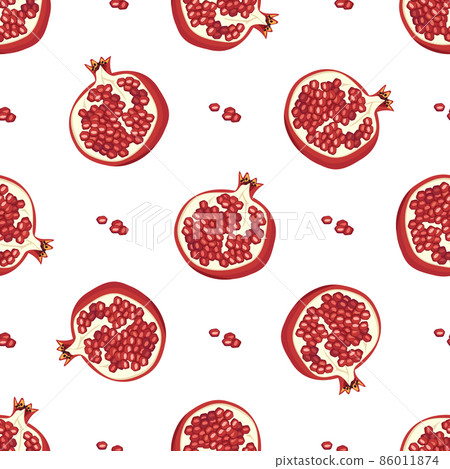 Seamless pattern with whole red pomegranate. Healthy bright fruits print on white background. Sweet food for diet. Vector flat illustration Seamless pattern with whole red pomegranate. Healthy bright fruits print on white background. Sweet food for diet. Vector flat illustration 86011874
