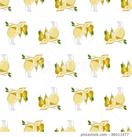 Seamless pattern with pear drink in glass and jug, cute print with yellow summer fruits on white background. vector flat illustration Seamless pattern with pear drink in glass and jug, cute print with yellow summer fruits on white background. vector flat illustration 86011877