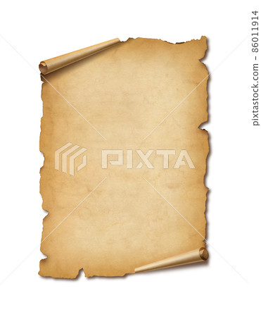 Old mediaeval paper sheet. Parchment scroll isolated on white with shadow 86011914