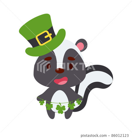 Cute skunk in St. Patrick's Day leprechaun hat holds shamrocks. Irish holiday folklore theme. Cartoon design for cards, decor, shirt, invitation. Vector stock illustration. 86012123