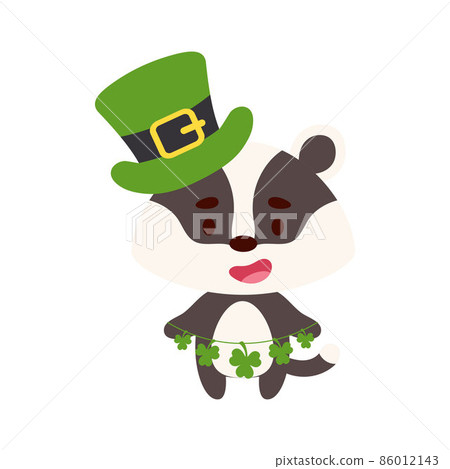 Cute badger in St. Patrick's Day leprechaun hat holds shamrocks. Irish holiday folklore theme. Cartoon design for cards, decor, shirt, invitation. Vector stock illustration. 86012143