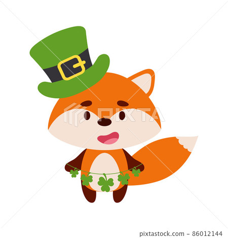 Cute fox in St. Patrick's Day leprechaun hat holds shamrocks. Irish holiday folklore theme. Cartoon design for cards, decor, shirt, invitation. Vector stock illustration. 86012144