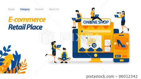 E-commerce Makes It Easy to Shop From Anywhere on Screen. Buy Lots of Goods From many Stores and Retail. Vector Illustration. Flat Icon Style Suitable for Web Landing Page, Banner, Flyer, Wallpaper E-commerce Makes It Easy to Shop From Anywhere on Screen. Buy Lots of Goods From many Stores and Retail. Vector Illustration. Flat Icon Style Suitable for Web Landing Page, Banner, Flyer, Wallpaper 86012342