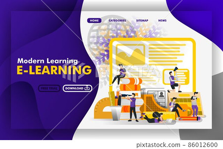 Vector illustration concept. websites about modern learning or e-learning. Group of students are studying in the middle of stationery. suitable for mobile apps, print , online, UI. Flat cartoon style Vector illustration concept. websites about modern learning or e-learning. Group of students are studying in the middle of stationery. suitable for mobile apps, print , online, UI. Flat cartoon style 86012600