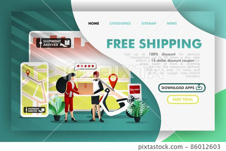 Free shipping Flat Vector Illustration Concept, courier service and online delivery order apps. Easy to use for website, banner, landing page, brochure, flyer, print, mobile app, poster, template, UI Free shipping Flat Vector Illustration Concept, courier service and online delivery order apps. Easy to use for website, banner, landing page, brochure, flyer, print, mobile app, poster, template, UI 86012603