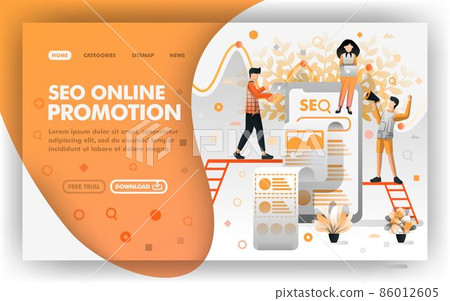 SEO Online Promotion Vector Web Concept. People optimizing promotion on search engine. Easy to use for website element, banner, landing page, brochure, flyer, print, mobile, app, poster, template, UI 86012605