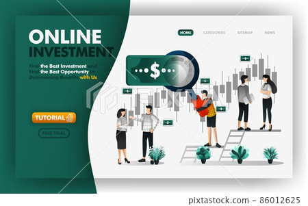 Online investment and banking vector Illustration .men with giant magnifiers will give you advice to determine profitable investments. Can use for website, banner, brochure, flyer, print, mobile, UI 86012625