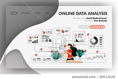 Online data analysis vector Illustration concept, relaxed girl analyzes data on direction of business growth. Easy to use for website, banner, brochure, flyer, print, mobile, app, poster, template, UI Online data analysis vector Illustration concept, relaxed girl analyzes data on direction of business growth. Easy to use for website, banner, brochure, flyer, print, mobile, app, poster, template, UI 86012626
