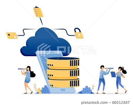 Illustration of isometric mobile database apps connected to the cloud storage media service network. Vector design can be use for website, web, poster, banner, flyer, mobile apps, social media 86012887
