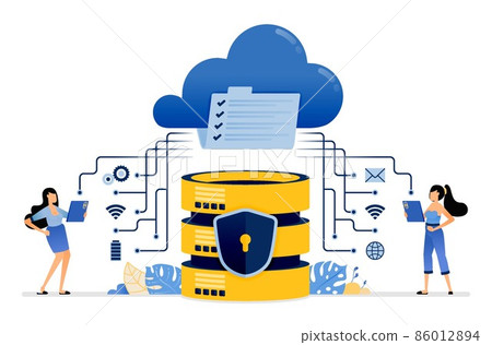 Illustration of sharing and communicating data with cloud services integrated with a secure database system. Vector design can be use for website, web, poster, banner, flyer, mobile apps, social media 86012894
