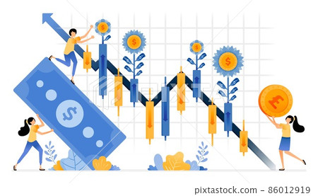 Vector Design of capital gain harvest on investments in financial stocks. secondary market candlestick fluctuations. illustration Can be for websites, posters, banners, mobile apps, web, social media 86012919