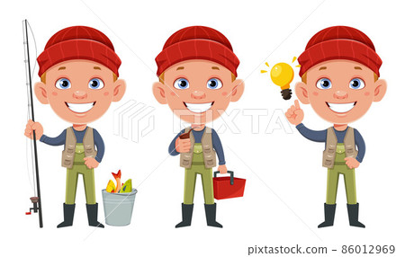Fisherman, set of three poses. Cheerful fisher Fisherman, set of three poses. Cheerful fisher 86012969