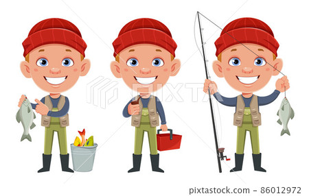 Fisherman, set of three poses. Cheerful fisher Fisherman, set of three poses. Cheerful fisher 86012972