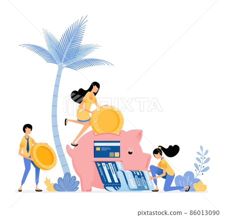 People save in piggy banks to shop for groceries, leisure and pay bills. Vector design illustration can be used for poster, banner, ads, website, web, marketing, flyer 86013090