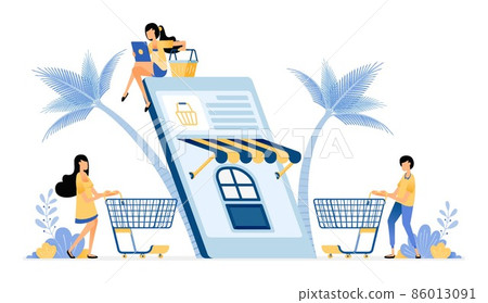 People shop for daily necessities using e-commerce mobile apps.  Vector design illustration can be used for poster, banner, ads, website, web, marketing, flyer 86013091
