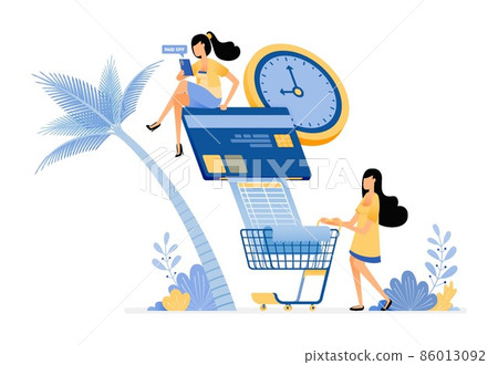 People pay their credit card bills and monthly grocery bills on time.  Vector design illustration can be used for poster, banner, ads, website, web, marketing, flyer 86013092