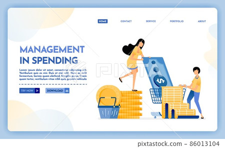 Landing page illustration of management of spending. People set budgets to save expenses. Pay for groceries and monthly bills. Vector design can also be used for website, web, flyer, posters 86013104