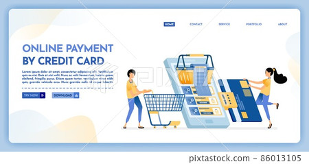 Landing page illustration of online payment by credit card pay shopping bills by credit card. Grocery shopping with mobile apps. Vector design can also be used for website, web, flyer, posters 86013105