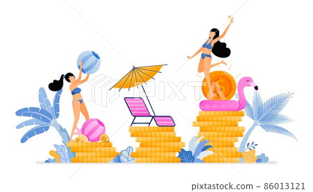 People on vacation and improve local economy and business in tourism industry sector. Vacation for productivity. Illustration can be used for landing page, banner, website, web, poster, brochure 86013121