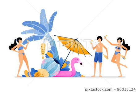 People on holiday to tropical island beach. Tourist enjoying party in beauty maldives beach during summer vacation. Illustration can be used for landing page, banner, website, web, poster, brochure People on holiday to tropical island beach. Tourist enjoying party in beauty maldives beach during summer vacation. Illustration can be used for landing page, banner, website, web, poster, brochure 86013124