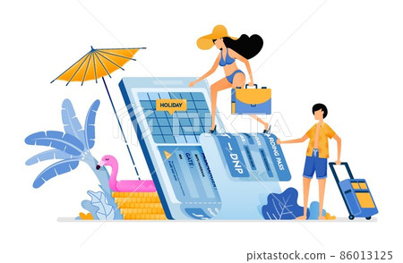 Choose date of plane ticket for vacation to tropical island beach. Purchase vacation tickets to bali with mobile apps. Illustration can be used for landing page, banner, website, web, poster, brochure 86013125