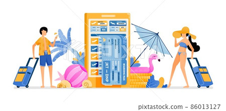 People choose flight tickets to tropical countries for summer vacation. Mobile apps for purchasing airline tickets. Illustration can be used for landing page, banner, website, web, poster, brochure 86013127