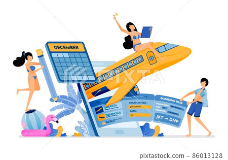 People buy flight tickets to bali with holiday agency mobile apps. purchase of holiday tickets to tropical island. illustration can be used for landing page, banner, website, web, poster, brochure 86013128