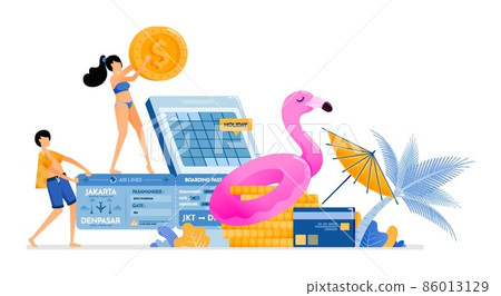 people save and prepare funds for a vacation to a tropical beach in Bali. Credit card scheduled flight ticket payment. illustration can be used for landing page, banner, website, web, poster, brochure 86013129