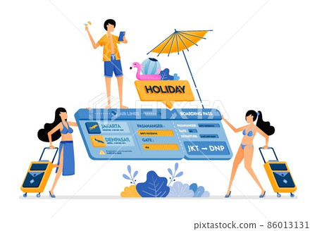 People choose flight tickets for a vacation to tropical island. Isometric 3d ticket. Creative holiday design concept. Illustration can be used for landing page, banner, website, web, poster, brochure 86013131