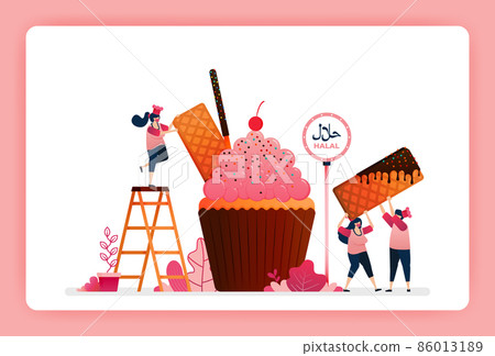 halal food menu illustration of sweet strawberry cupcake. Muffin with snack waffle, chocolate stick and wafer. Design can use For website, web, landing page, banner, mobile apps, UI UX, poster, flyer 86013189