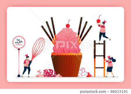 Illustration of cook halal sweet strawberry cupcakes. Pink sugar icing with chocolate cake sticks and candy. Design can use for website, web, landing page, banner, mobile apps, ui ux, poster, flyer Illustration of cook halal sweet strawberry cupcakes. Pink sugar icing with chocolate cake sticks and candy. Design can use for website, web, landing page, banner, mobile apps, ui ux, poster, flyer 86013191