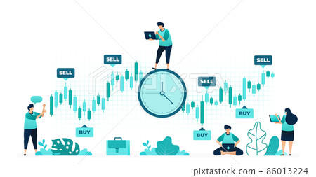 vector illustration of timing of investment. the right time to buy and sell stocks to make a big profit. women and men workers. designed for website, web, landing page, apps, ui ux, poster, flyer vector illustration of timing of investment. the right time to buy and sell stocks to make a big profit. women and men workers. designed for website, web, landing page, apps, ui ux, poster, flyer 86013224