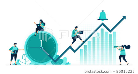 vector illustration of hours and schedules to improve company performance. company profits increasing on chart. women and men workers. designed for website, web, landing page, apps ui ux, poster flyer vector illustration of hours and schedules to improve company performance. company profits increasing on chart. women and men workers. designed for website, web, landing page, apps ui ux, poster flyer 86013225