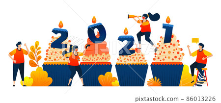 Countdown of 2020 to 2021 with theme of cupcakes to celebrate new year with candle. Vector illustration concept can be use for landing page, template, ui ux, web, mobile app, poster, banner, website Countdown of 2020 to 2021 with theme of cupcakes to celebrate new year with candle. Vector illustration concept can be use for landing page, template, ui ux, web, mobile app, poster, banner, website 86013226