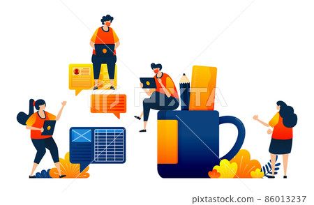 Conversation for business meetings strategy. Coffee cup with pencil and ruler. Vector illustration concept can be use for landing page, template, ui ux, web, mobile app, poster, banner, website, flyer Conversation for business meetings strategy. Coffee cup with pencil and ruler. Vector illustration concept can be use for landing page, template, ui ux, web, mobile app, poster, banner, website, flyer 86013237