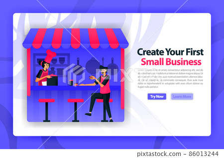 vector flat illustration of opening a food stall or small medium business. customer and chef started to become entrepreneur or startup founder. can use for landing page, website, web, homepage, mobile 86013244