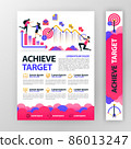 business poster about achieving and planning company targets with flat cartoon illustration. flyer business pamphlet brochure magazine cover design layout space for vector print template in A4 size 86013247