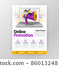 Online promotion and refer a friend business poster with flat cartoon illustration. flyer pamphlet brochure magazine cover design layout space for promotion marketing, vector print template A4 size 86013248