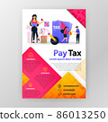 Pay taxes online business poster with flat cartoon illustration. Pay tax flyer business pamphlet brochure magazine cover design layout space for promotion and marketing, vector print template A4 size 86013250