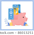 vector illustration of pink piggy bank with bank note being issued. open investment savings. Vector illustration set isolated on white background and can used for landing pages, posters, mobile apps 86013251