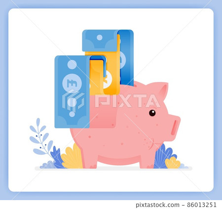 vector illustration of pink piggy bank with bank note being issued. open investment savings. Vector illustration set isolated on white background and can used for landing pages, posters, mobile apps vector illustration of pink piggy bank with bank note being issued. open investment savings. Vector illustration set isolated on white background and can used for landing pages, posters, mobile apps 86013251