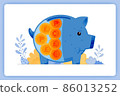 vector illustration of blue fat piggy bank with foreign money. saving and investing. Vector illustration set isolated on white background and can used for landing pages, websites, posters, mobile apps 86013252