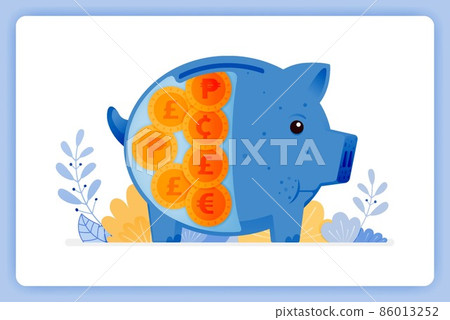vector illustration of blue fat piggy bank with foreign money. saving and investing. Vector illustration set isolated on white background and can used for landing pages, websites, posters, mobile apps vector illustration of blue fat piggy bank with foreign money. saving and investing. Vector illustration set isolated on white background and can used for landing pages, websites, posters, mobile apps 86013252