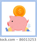 vector illustration of cute piggy bank with dollar bill input. how to save for kids. Vector illustration set isolated on white background and can used for landing pages, websites, posters, mobile apps 86013253