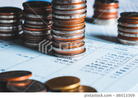 Pile of gold coins stack in finance treasury deposit bank account for saving Pile of gold coins stack in finance treasury deposit bank account for saving 86013309