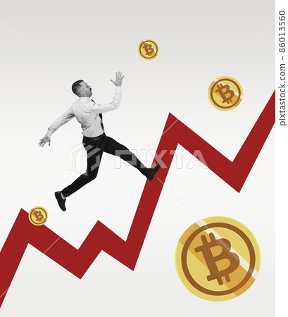 Young man, businessman running along cryptocurrency growth chart. Concept of finance, economy, professional occupation, business and career. 86013560
