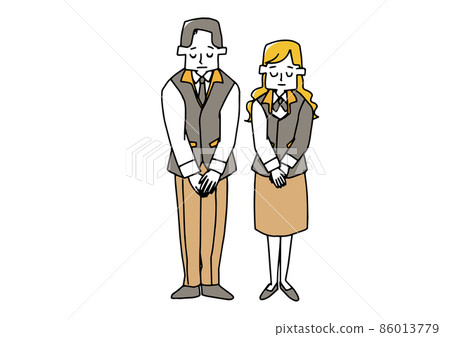 Men and women of a clerk at a consumer electronics retail store bowing, a comical handwritten person, a vector, and simple coloring of line drawings. 86013779