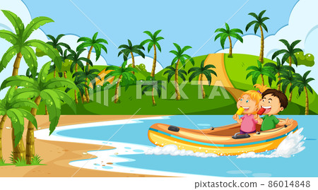 Beach scenery with children in inflatable boat 86014848