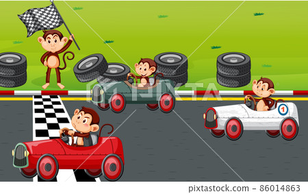 Race track scene with monkey racing drivers 86014863